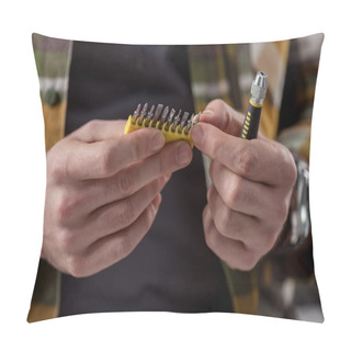 Personality  Cropped Image Of Hands Holding Screwdriver And Its Attachments  Pillow Covers