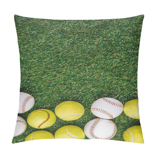 Personality  Flat Lay With Arrangement Of Tennis And Baseball Balls On Green Grass Pillow Covers