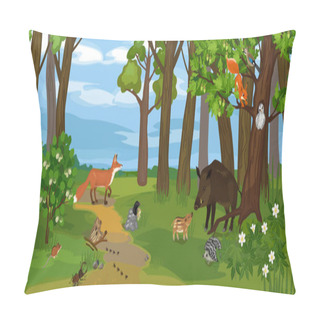 Personality   Grove Biotope With Different Animals (mammals, Birds, Insects) And Plants In Their Natural Habitat. Ecosystem Of Forest Pillow Covers