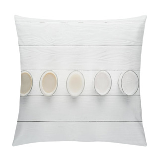 Personality  Top View Of Different Types Of Milk On White Wooden Surface Pillow Covers