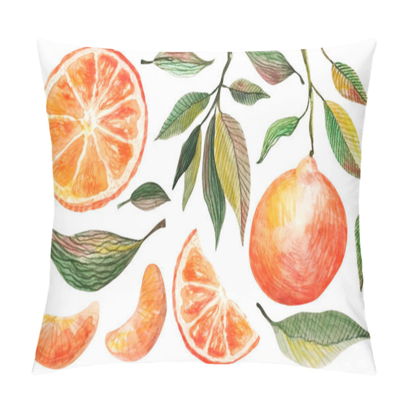 Personality  Watercolor tangerine set. Hand drawn botanical illustration of peeled mandarins, citrus fruits with leaves and slices. Set of mandarins isolated on a white pillow covers