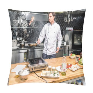 Personality  Chef Tossing Up Meat With Frying Pan Pillow Covers