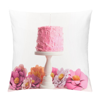 Personality  Pink Birthday Cake With Candle On Cake Stand Near Paper Flowers Isolated On White Pillow Covers