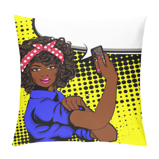 Personality  We Can Do It. Iconic Woman With Phone. Symbol Of Female Power And Industry. Cartoon Woman With Can Do Attitude. Pillow Covers
