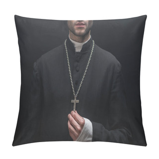 Personality  Cropped View Of Catholic Priest Touching Silver Cross Isolated On Black Pillow Covers