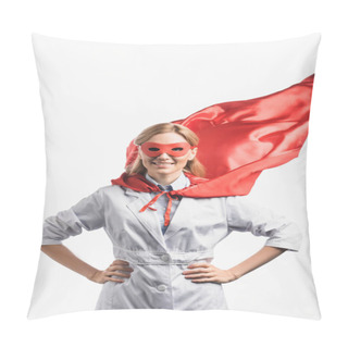 Personality  Cheerful Nurse In Superhero Mask And Cloak Standing With Hands On Hips Isolated On White Pillow Covers