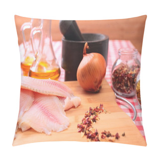 Personality  Raw Fish Tilapia On Cutting Board And Spices Pillow Covers