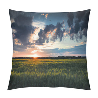 Personality  Beautiful Sunset In Green Field, Summer Landscape, Bright Colorful Sky And Clouds As Background, Green Wheat Pillow Covers
