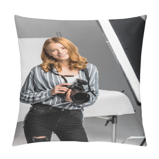Personality  Beautiful Young Female Photographer Smiling At Camera In Photo Studio Pillow Covers