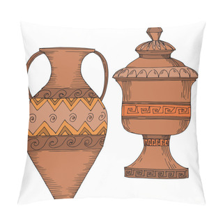 Personality  Vector Antique Greek Amphoras. Black And White Engraved Ink Art. Isolated Ancient Illustration Element. Pillow Covers