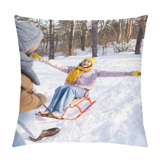 Personality  Cheerful Woman Sitting On Sled Near Blurred Boyfriend In Winter Park  Pillow Covers
