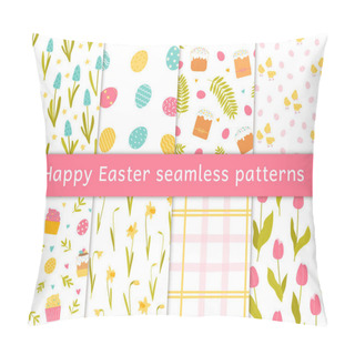 Personality  Set Of Eight Seamless Patterns For Happy Easter. Spring Holiday. Vector Illustration In Flat Style Pillow Covers