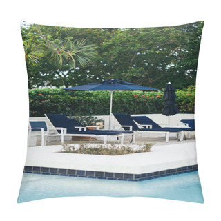 Personality  Luxury Resort, Vacation And Holiday Concept, Sunbeds And Outdoor Chairs Near Blue Umbrellas Around Green Palm Trees And Tropical Plants Next To Outdoor Swimming Pool In Hotel, Summer Pillow Covers