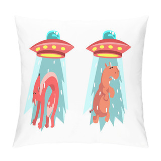 Personality  UFO Abducting Animals Set, Alien Spacecraft Stealing Hippo And Fox Cartoon Vector Illustration Pillow Covers