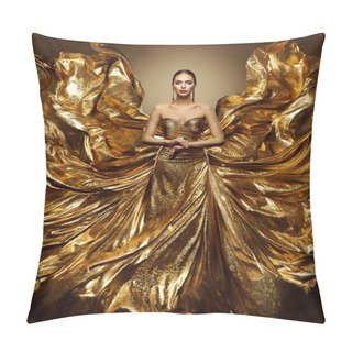 Personality  Gold Woman Flying Dress, Fashion Model In Waving Golden Gown, Fluttering Fabric, Art Beauty Portrait Pillow Covers