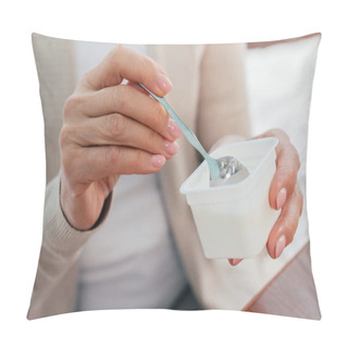 Personality  Senior Woman Eating Yogurt  Pillow Covers