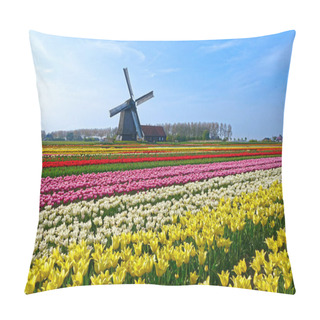 Personality  Beautiful Shot Of Lonely Windmill In The Middle Of An Endless Field Of Colorful Tulips On A Sunny Spring Day. Picturesque View Of Vast Dutch Countryside And Red, Yellow And Pink Flowers Blossoming. Pillow Covers