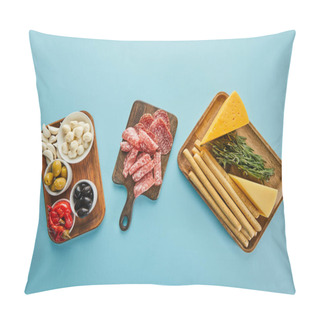 Personality  Top View Of Antipasto Ingredients On Boards On Blue Background Pillow Covers