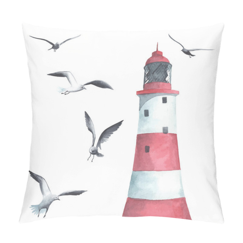 Personality  Watercolor Lighthouse And Seagulls Pillow Covers