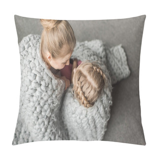 Personality  Overhead View Of Mother And Daughter Hugging And Sitting On Floor With Wool Knitted Blanket Pillow Covers
