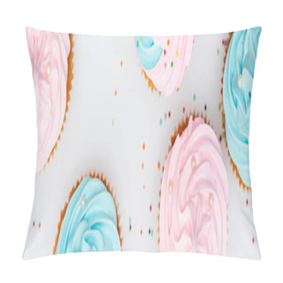 Personality  Panoramic Shot Of Delicious Colorful Cupcakes With Sprinkles Isolated On White Pillow Covers