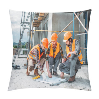 Personality  Close-up Shot Of Group Of Happy Builders Having Conversation About Building Plan Pillow Covers