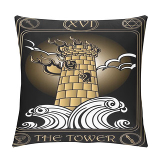 Personality    The Tower. The 16th Card Of Major Arcana Black And Gold Tarot Cards. Tarot Deck. Vector Hand Drawn Illustration With Skulls, Occult, Mystical And Esoteric Symbols. Pillow Covers
