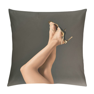 Personality  Elegant Fishnet Tights On Woman Posing In Golden Footwear On Grey Background, Feminine Grace Pillow Covers