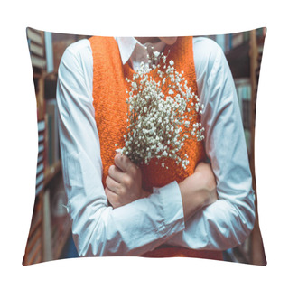 Personality  Partial View Of Woman With Crossed Arms Holding White Flowers In Library  Pillow Covers