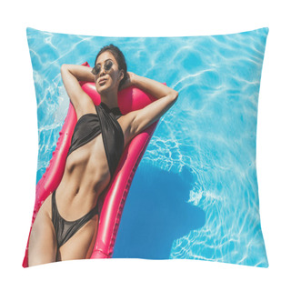 Personality  Top View Of Asian Girl In Swimsuit And Sunglasses Sunbathing On Inflatable Mattress In Water Pillow Covers