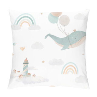 Personality  Beautiful Children Seamless Pattern Contain Cute Hand Drawn Watercolor Flying Whales With Air Balloons Lighthouses Clouds And Rainbows. Stock Illustration. Pillow Covers
