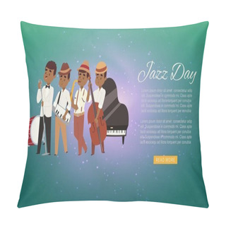 Personality  Jazz Band With Cartoon Characters Singer, Saxophonist And Double-bass Player Musicians Web Banner Vector Illustration. Pillow Covers