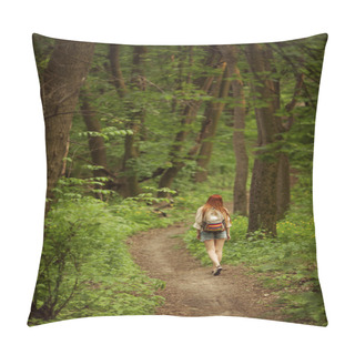Personality  Young Redhead Girl Walking Through Fresh Green Forest. Tourism Concept. Pillow Covers