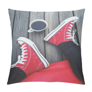 Personality  Selfie Of Red Sneakers And Coffee Cup Lifestyle So Cool Pillow Covers