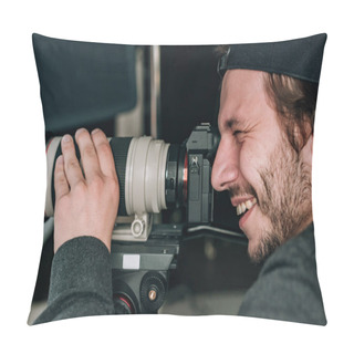 Personality  Side View Of Smiling Handsome Videographer With Camera  Pillow Covers