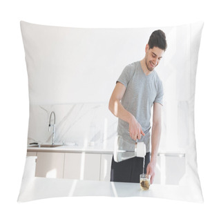 Personality  Photo Of Muscular Man In Casual T-shirt Making Tea With Pouring  Pillow Covers