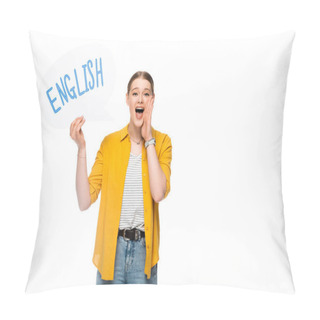 Personality  Pretty Girl With Braid Holding Speech Bubble With English Lettering Shouting Isolated On White Pillow Covers