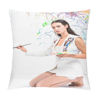 Personality  Beautiful Barefoot Woman In Total White Posing With Drawing Equipment Pillow Covers
