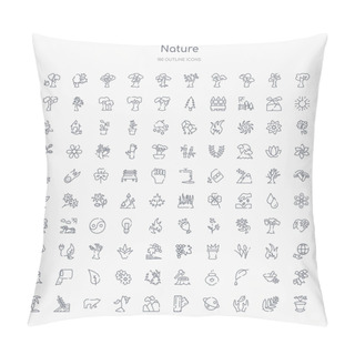 Personality  100 Nature Outline Icons Set Such As Flower Pot, Cultivation, Saturn With His Ring, Wood Board, Hill, Grows, Polar, Prairie Pillow Covers
