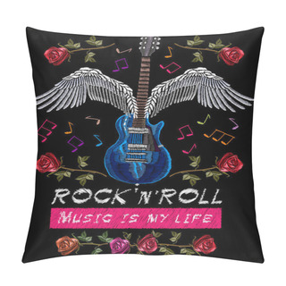 Personality  Embroidery Guitar With Wings And Roses, Rocknroll Slogan Pillow Covers