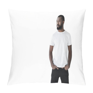 Personality  Handsome Stylish African American Man With White Stripe On Face Looking Away Isolated On White Pillow Covers