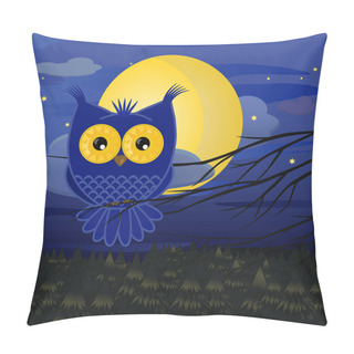 Personality  Blue Owl Cartoon Sits On A Branch Against The Background Of A Full Moon, A Night Sky And Stars Above A Pine Forest Pillow Covers