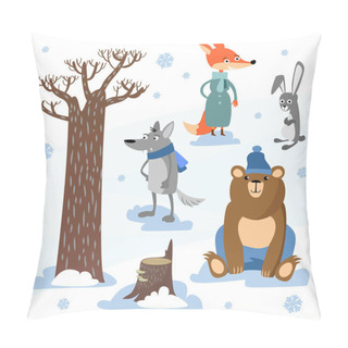Personality  Cartoon Forest Animal Characters. Wild Cartoon Cute Animals Collections Vector Winter In The Forest Pillow Covers