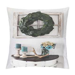 Personality  Old Farmhouse Window Decorated With A Homemade Magnolia Leaf Wreath Hung On An Interior Wall Over Rustic Half Moon Table With Candles And Flowers Decor. Pillow Covers