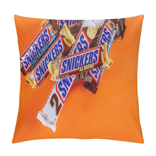 Personality  Snickers Chocolate Bar Maple Almond Butter Candy Ang Almond Butter Candy Bar On Orange Isolated Background Pillow Covers