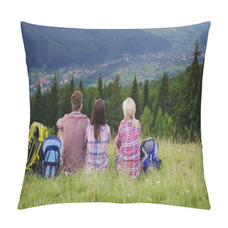 Personality  Friends Of Tourists Sit In A Picturesque Place In The Background Of The Mountains. They Rest, Admire The Beautiful Scenery Pillow Covers