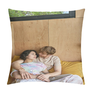 Personality  Redhead Man Cuddling With Pretty Asian Woman And Lying On Bed In Country House, Tender Moments Pillow Covers