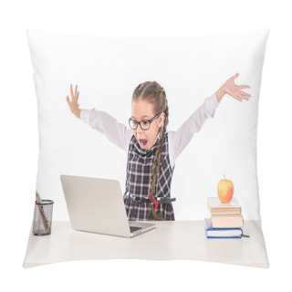 Personality  Schoolgirl At Desk With Laptop Pillow Covers