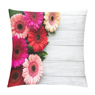Personality  Bright Gerbera Flowers On A White Wooden  Background. Frame Of Flowers, Top View Pillow Covers