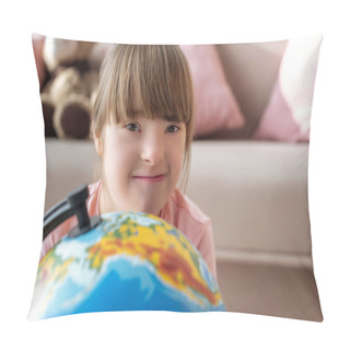 Personality  Kid With Down Syndrome Looking At Camera Over Globe Pillow Covers